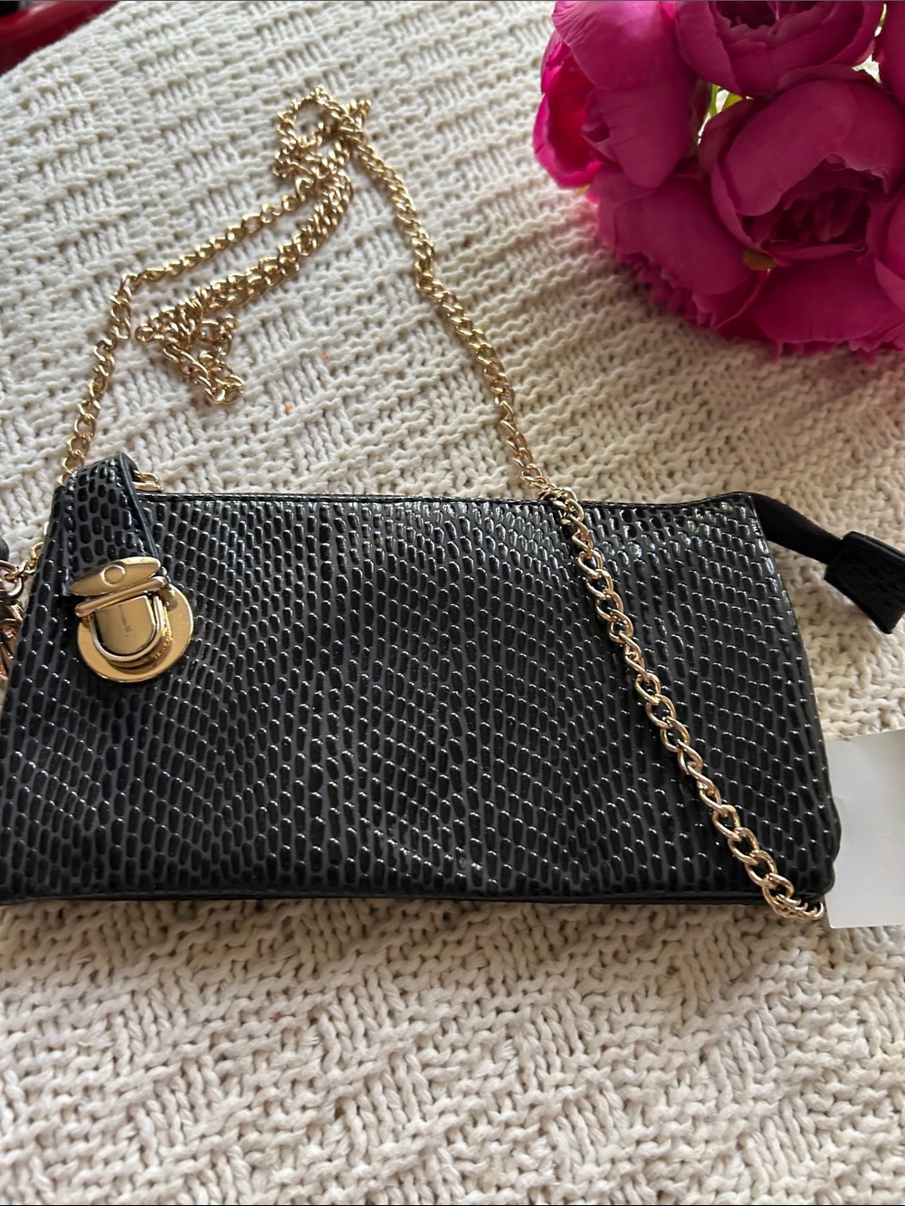 Olivia Miller Black Textured Crossbody with Gold Chain Strap